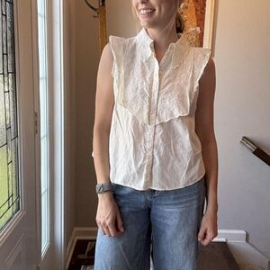 Zara Ivory Sleeveless Embroidered Ruffle Blouse